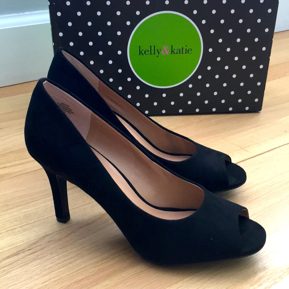 Kelly & Katie, black mircosuede, open toe 3inch heels,  unworn